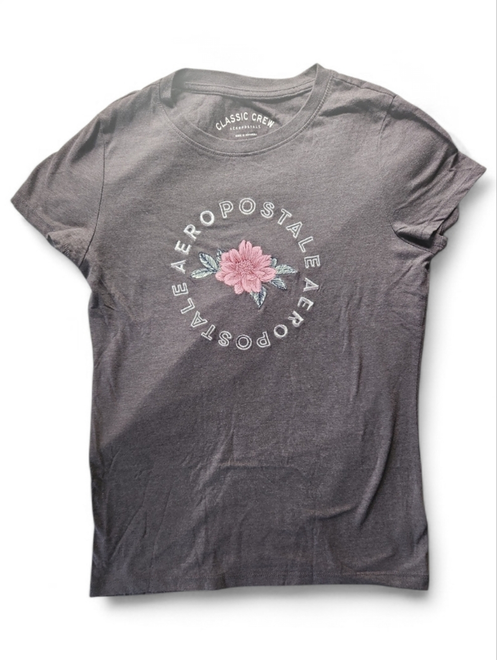 AEROPOSTALE Embroidered Floral Circle Logo Tee - Charcoal - Size L